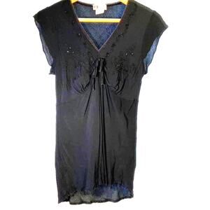 Womens Faded Glory Size Medium Embellished Sequin Black Blouse Tie Front Detail